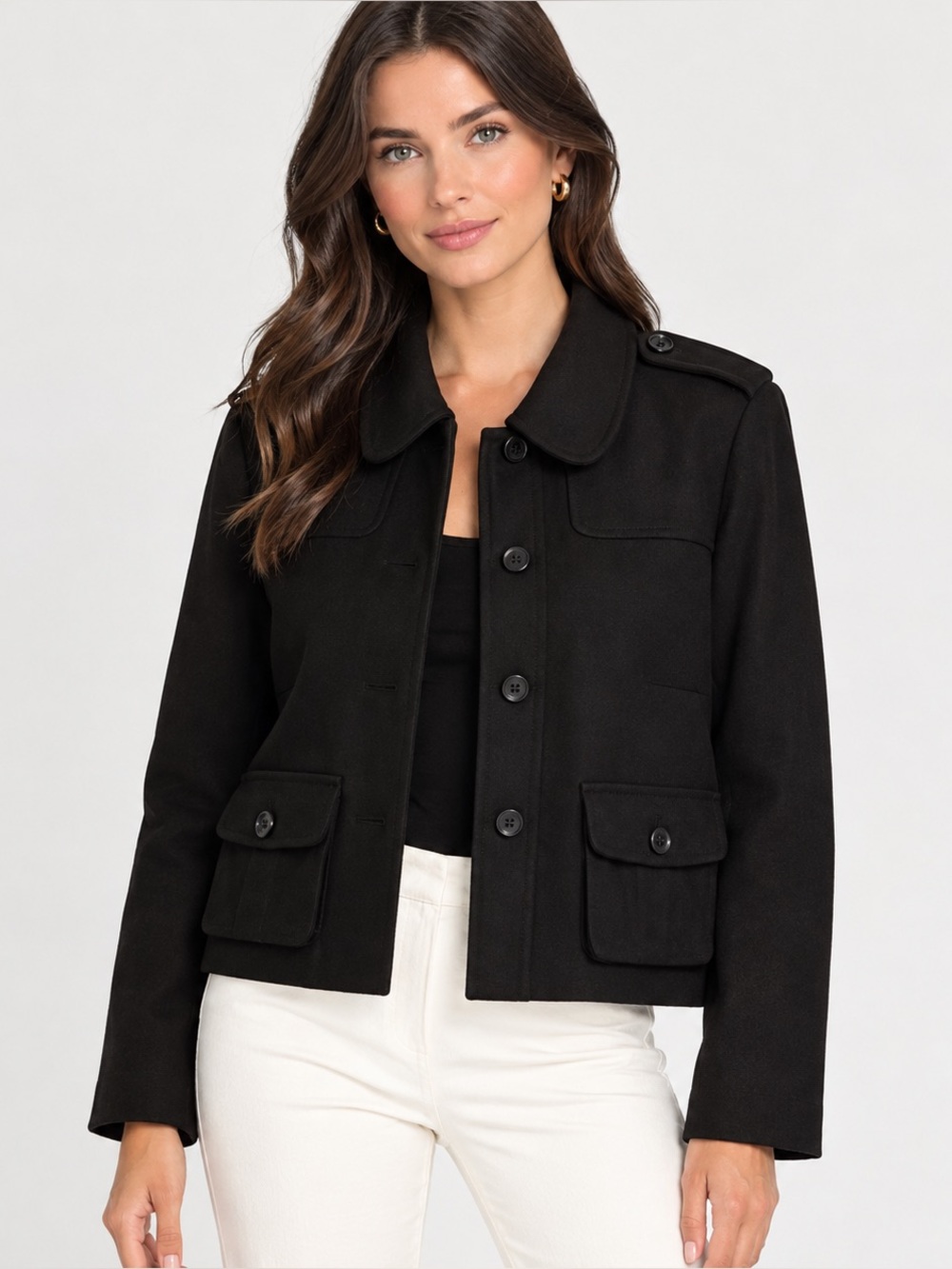 See by Chloé Black Wool Cropped Jacket Peter Pan Collar Utility Blouson